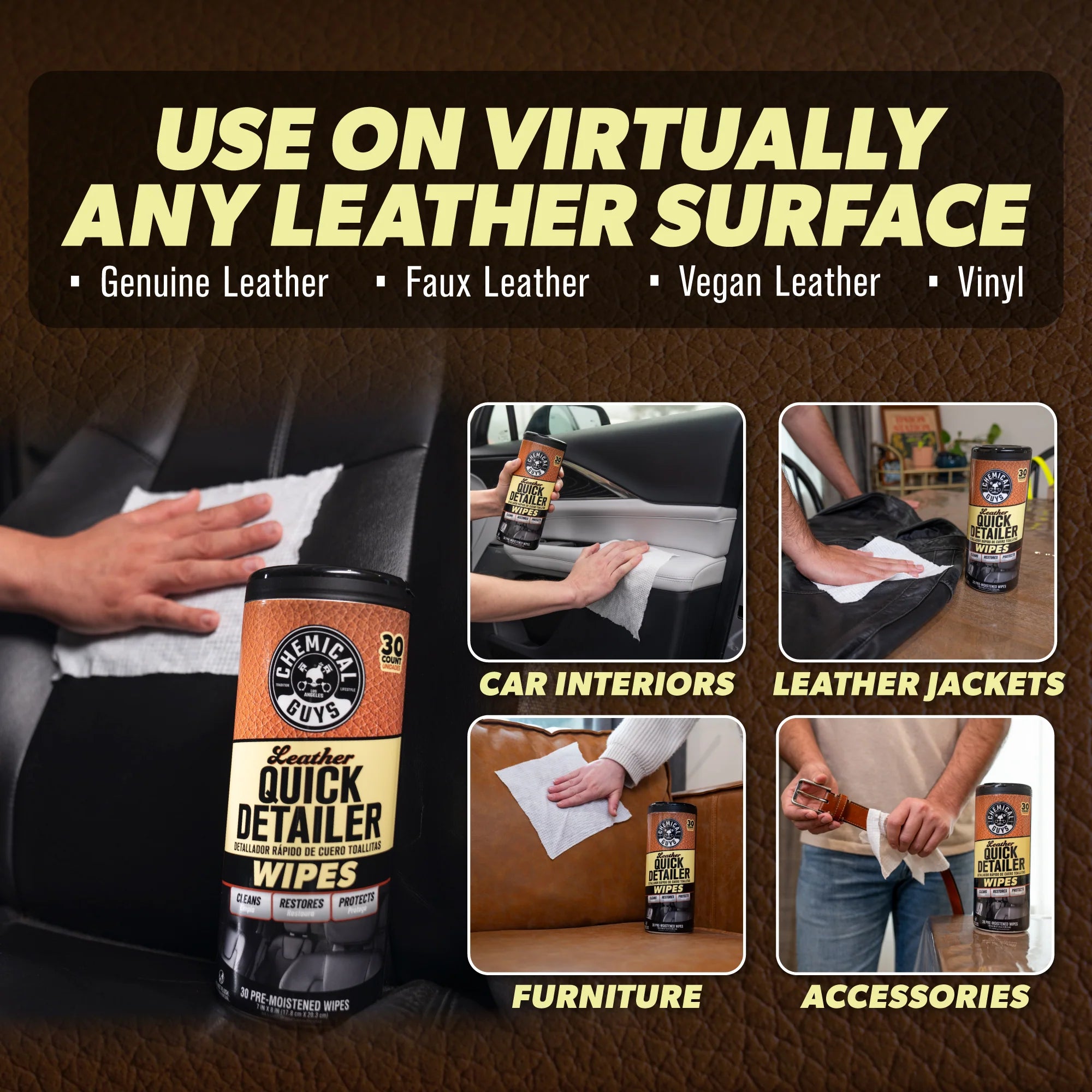 Chemical Guys Clean Leather Quick Detailer Wipes 3-Pack Kit - Image 3